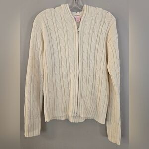Isaac Mizrahi Regular Cable Zip Up Front Cardigan With Hood, Off White, Size XL